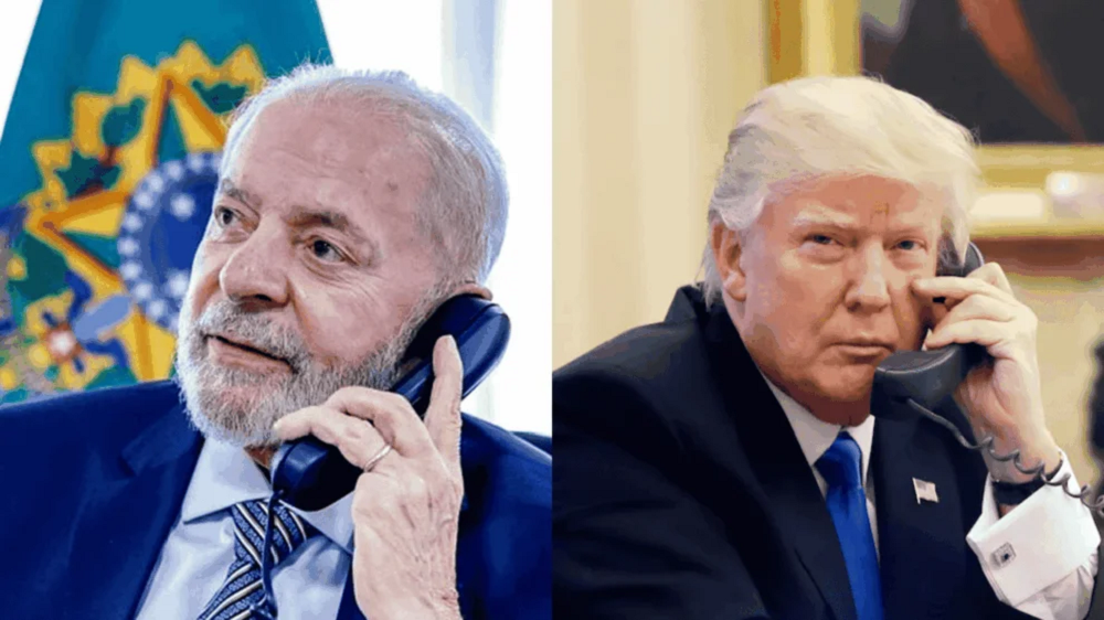 Montagem de fotos de Lula e Donald Trump ao telefone