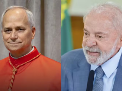 Montagem de fotos do papa Leão 14 e de Lula