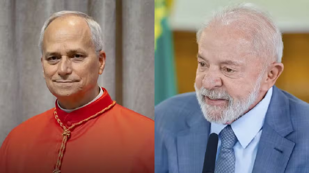 Montagem de fotos do papa Leão 14 e de Lula