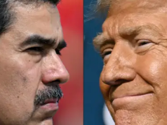 Montagem de fotos de Nicolás Maduro e Donald Trump de perfil, se olhando