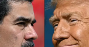 Montagem de fotos de Nicolás Maduro e Donald Trump de perfil, se olhando