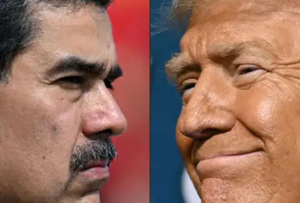 Montagem de fotos de Nicolás Maduro e Donald Trump de perfil, se olhando