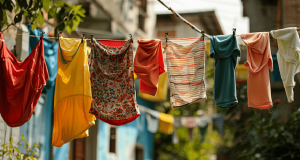 Roupas coloridas estendidas em varal