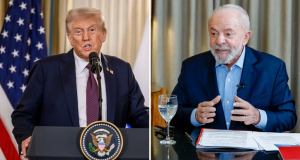 Montagem de fotos de Donald Trump e Lula falando