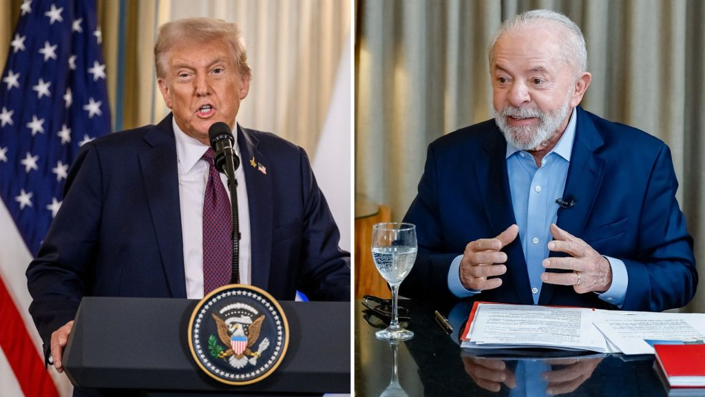 Montagem de fotos de Donald Trump e Lula falando