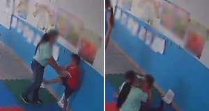 Montagem de duas fotos de professora e aluno em escola