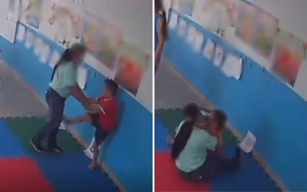 Montagem de duas fotos de professora e aluno em escola