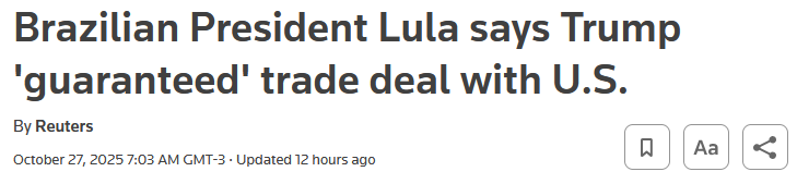 Print de manchete da Reuters sobre encontro de Lula e Trump