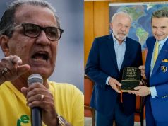 O pastor Silas Malafaia em manifestação e Lula com o bispo Samuel Ferreira em reunião, montagem de duas fotos