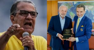 O pastor Silas Malafaia em manifestação e Lula com o bispo Samuel Ferreira em reunião, montagem de duas fotos