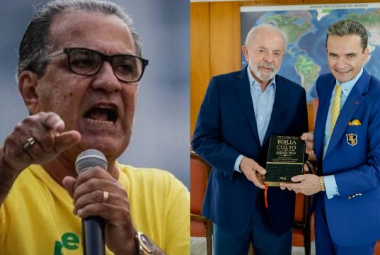 O pastor Silas Malafaia em manifestação e Lula com o bispo Samuel Ferreira em reunião, montagem de duas fotos