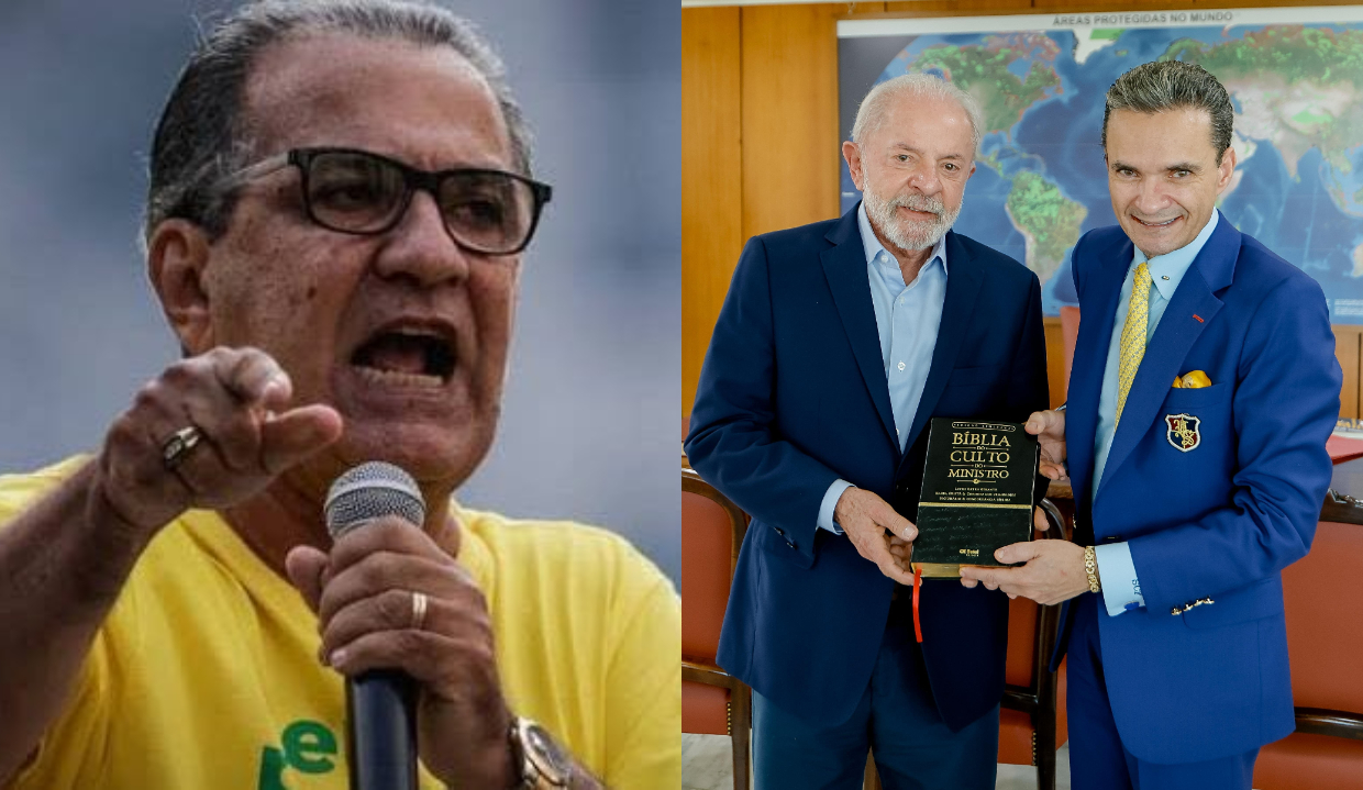 O pastor Silas Malafaia em manifestação e Lula com o bispo Samuel Ferreira em reunião, montagem de duas fotos