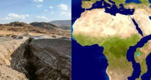 Rachaduras de vários quilômetros de extensão são observadas em solo africano; montagem de duas fotos