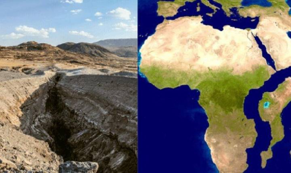 Rachaduras de vários quilômetros de extensão são observadas em solo africano; montagem de duas fotos