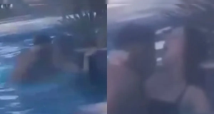 Montagem de duas fotos de casal em momento íntimo na piscina