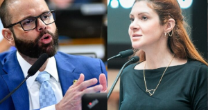senador Jorge Seif (PL-SC) e a deputada estadual Ana Campagnolo (PL-SC) em montagem de duas fotos
