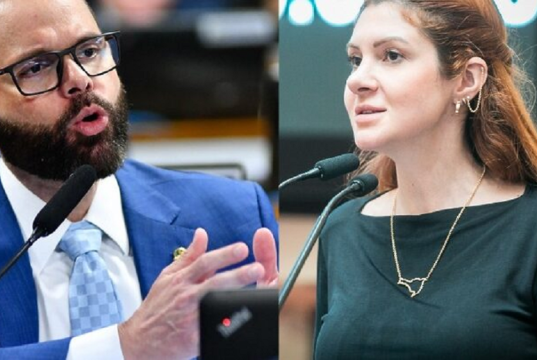 senador Jorge Seif (PL-SC) e a deputada estadual Ana Campagnolo (PL-SC) em montagem de duas fotos