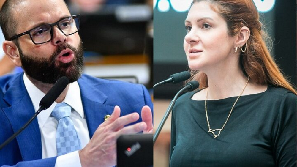 senador Jorge Seif (PL-SC) e a deputada estadual Ana Campagnolo (PL-SC) em montagem de duas fotos