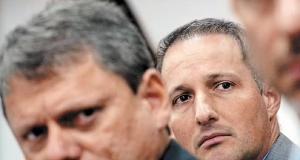 O governador Tarcísio de Freitas e o deputado Guilherme Derrite sérios, olhando para o lado