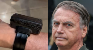 montagem de fotos de perna com tornozeleira eletrônica e jair bolsonaro sério