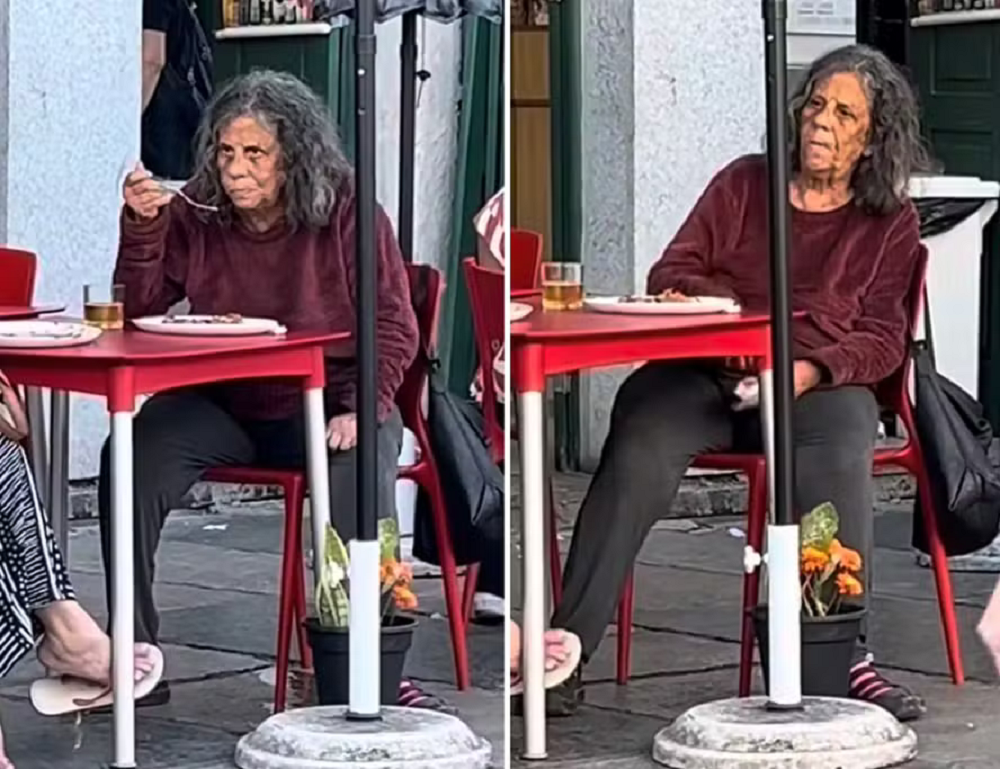 A atriz Maria Gladys sentada à mesa comendo em montagem de duas fotos