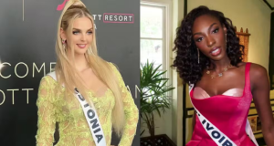 Montagem de fotos de Miss Estônia e Miss Costa do Marfim com faixas de seus países