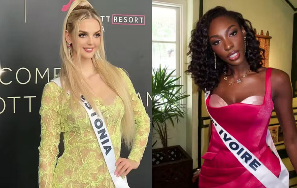 Montagem de fotos de Miss Estônia e Miss Costa do Marfim com faixas de seus países