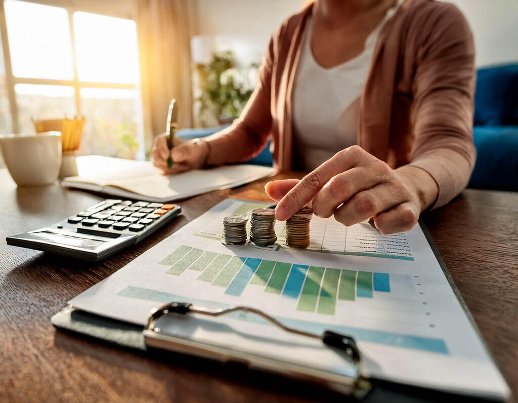 Mulher sem aparecer o rosto, pegando em moedas e escrevendo