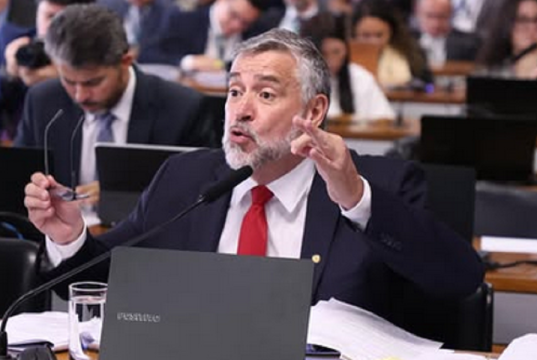 O deputado Paulo Pimenta (PT-RS) falando e gesticulando sem olhar para a câmera, sério