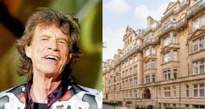 Montagem de fotos de Mick Jagger e prédio