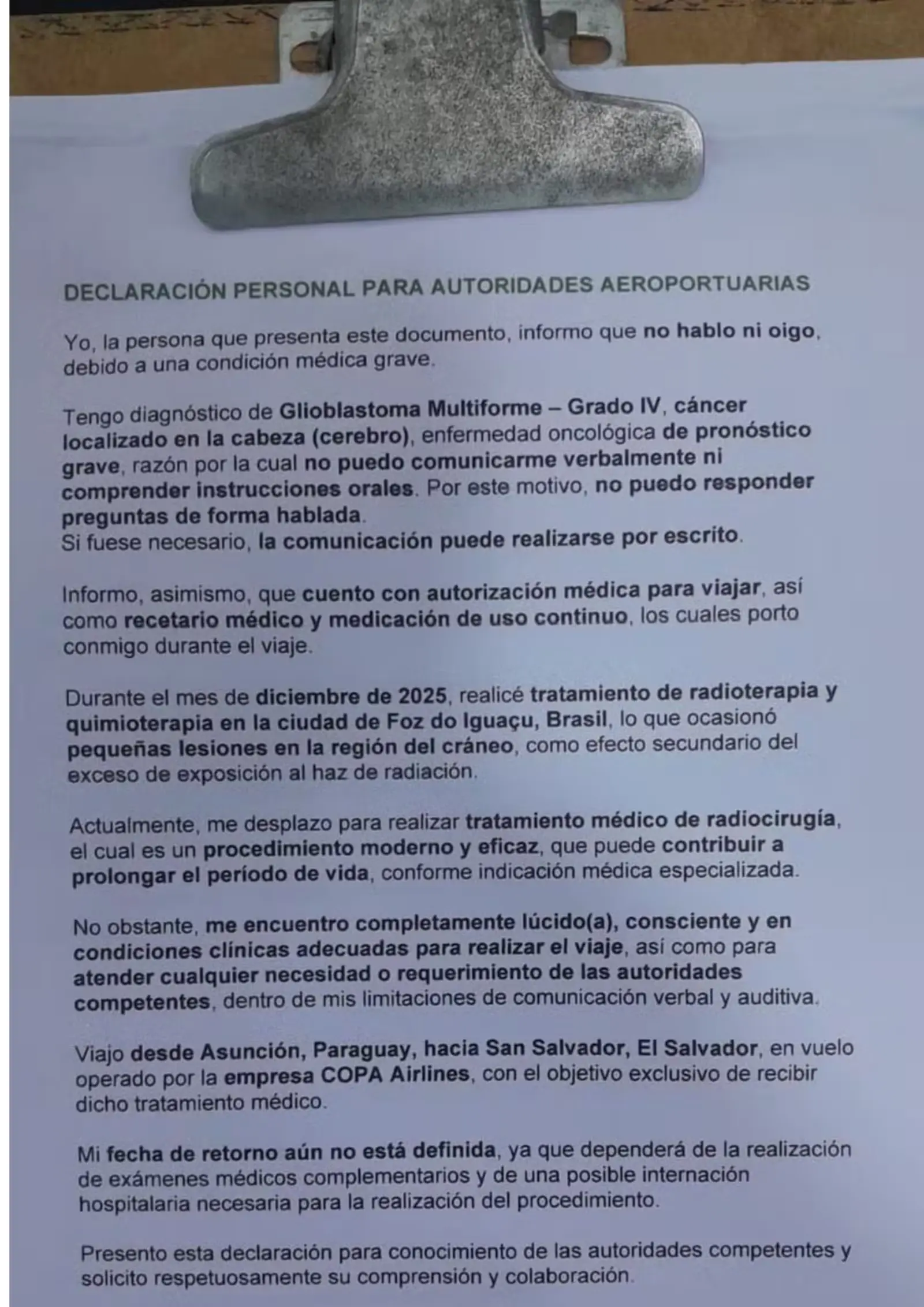 Carta que estava com Silvinei Vasques em prancheta
