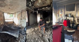 Montagem de três fotos do lutador Rafael Rey em meio aos escombros