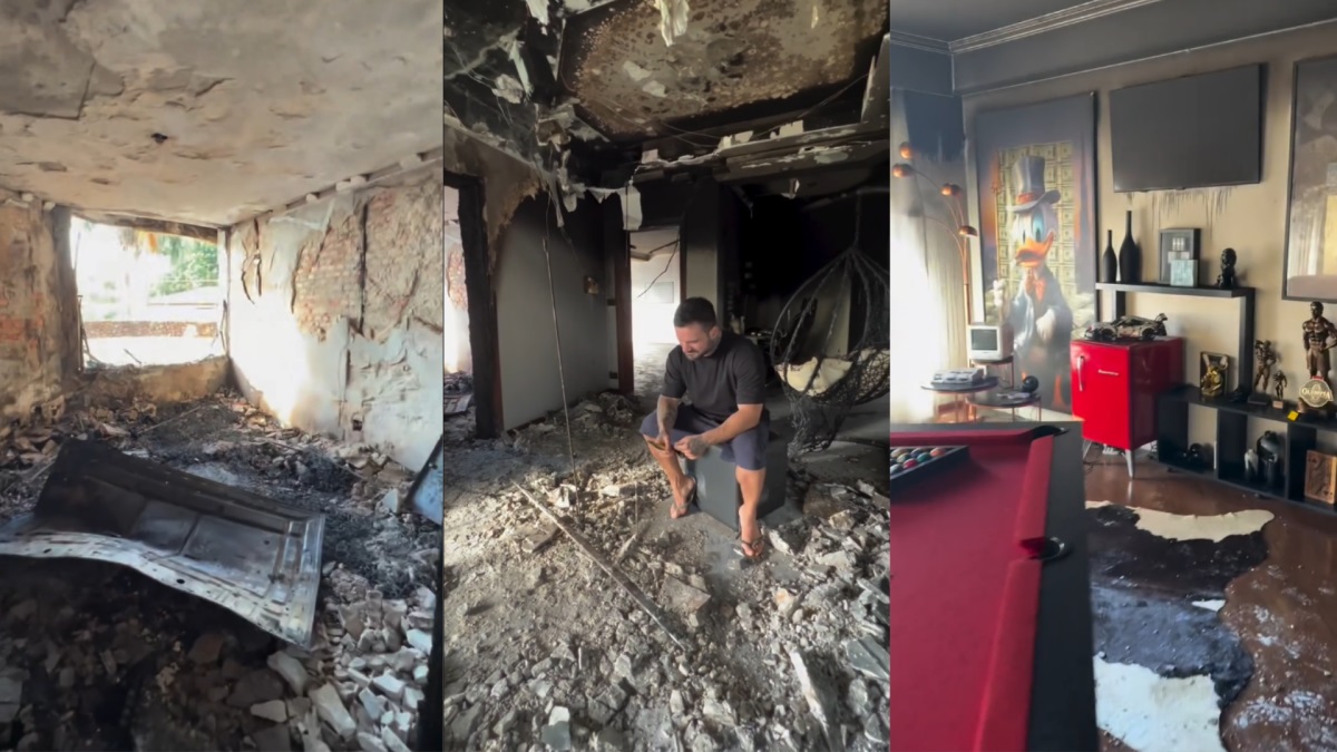 Montagem de três fotos do lutador Rafael Rey em meio aos escombros