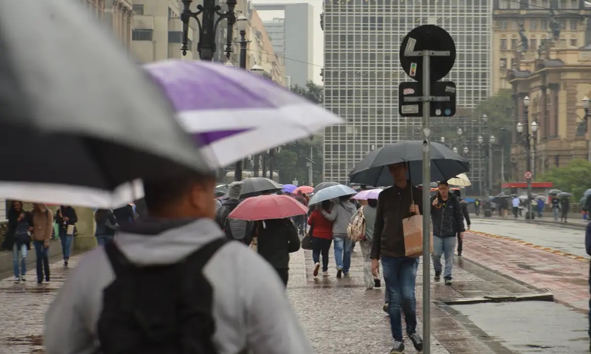 Pessoas andando com guarda-chuva em São Paulo