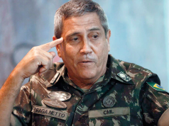 general Walter Braga Netto fardado, olhando para o lado com dedo apontado pra própria cabeça