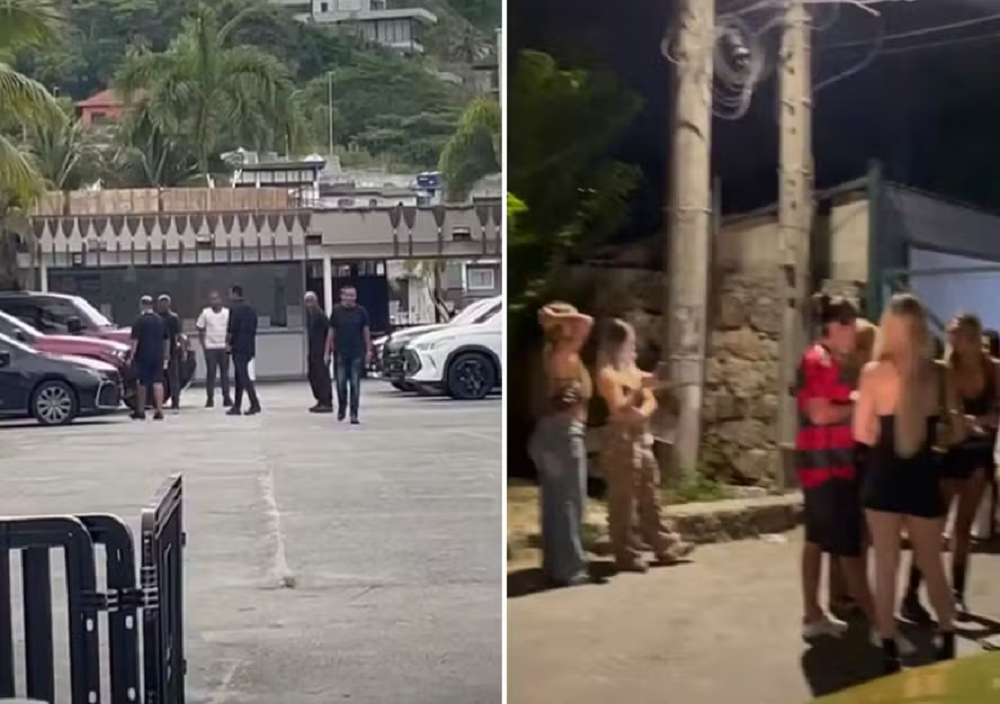 Imagens da entrada de festa privada dos jogadores do Flamengo, montagem de duas fotos