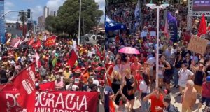 Duas imagens de manifestações em Natal e Florianópolis