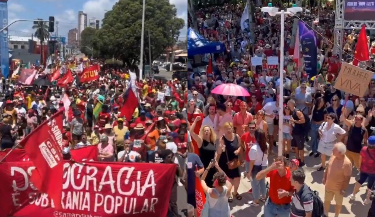 Duas imagens de manifestações em Natal e Florianópolis