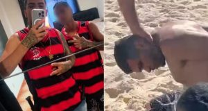 Daniel Rodrigues dos Santos, traficante conhecido como Bozo, posando para foto no espelho e na praia sendo algemado