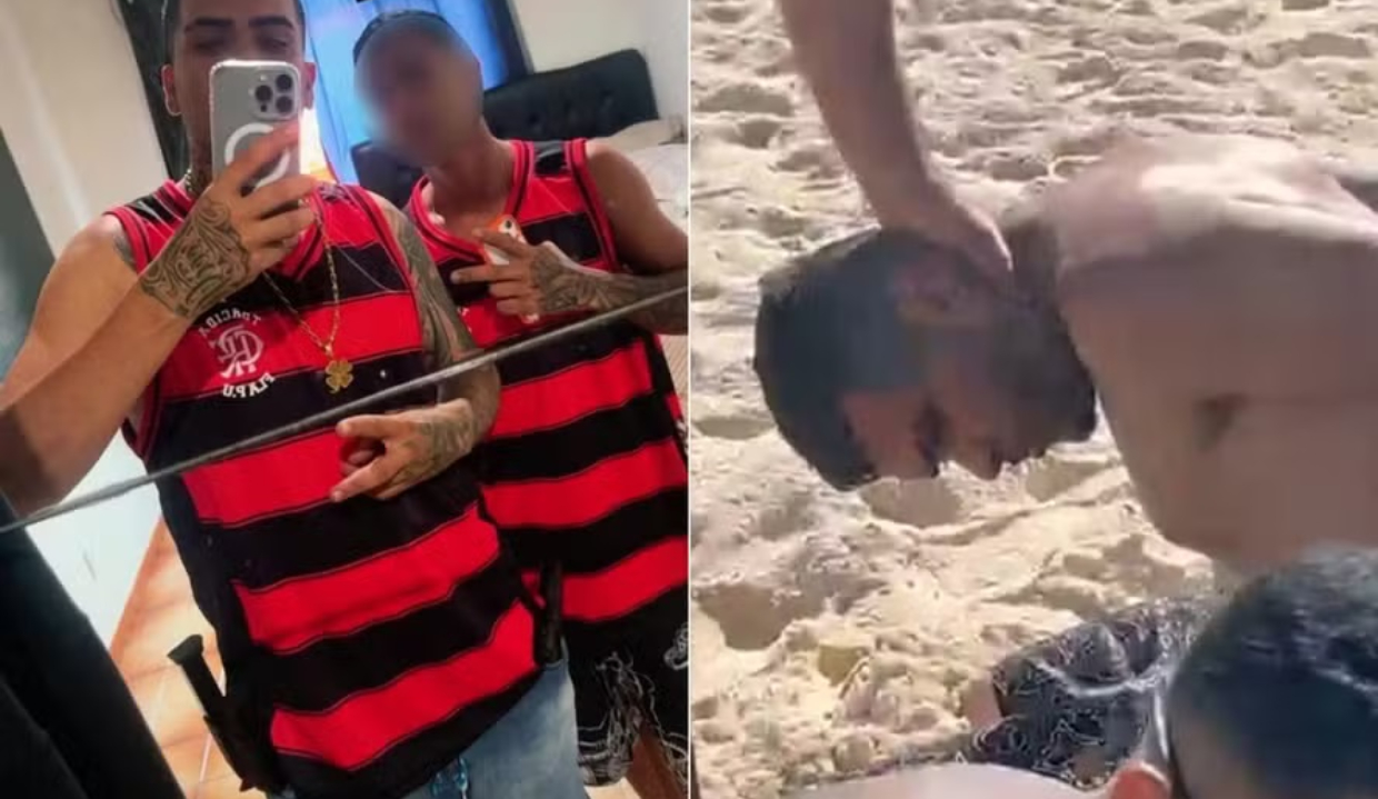 Daniel Rodrigues dos Santos, traficante conhecido como Bozo, posando para foto no espelho e na praia sendo algemado