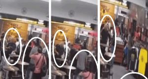 Idoso (de camiseta preta) manuseia arma, que dispara e atinge homem (de rosa); montagem de três fotos