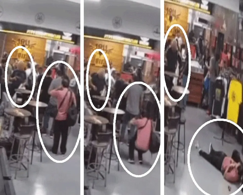 Idoso (de camiseta preta) manuseia arma, que dispara e atinge homem (de rosa); montagem de três fotos