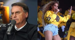 Montagem de fotos de Jair Bolsonaro e Beyoncé, ele sério e ela cantando em palco