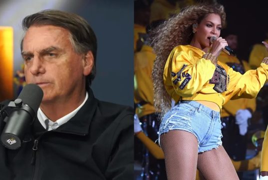 Montagem de fotos de Jair Bolsonaro e Beyoncé, ele sério e ela cantando em palco