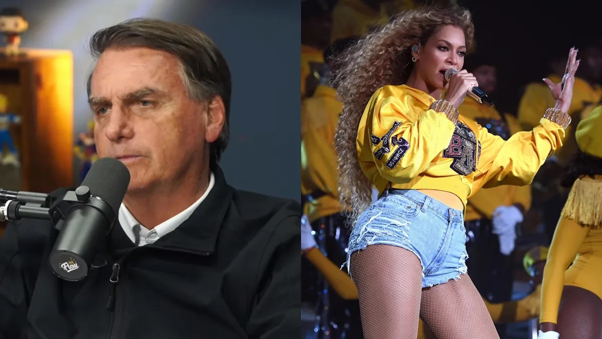 Montagem de fotos de Jair Bolsonaro e Beyoncé, ele sério e ela cantando em palco
