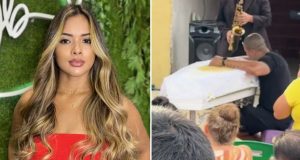 Montagem de fotos de Maria Katiane Gomes da Silva e Alex Leandro Bispo dos Santos ajoelhado ao lado do caixão