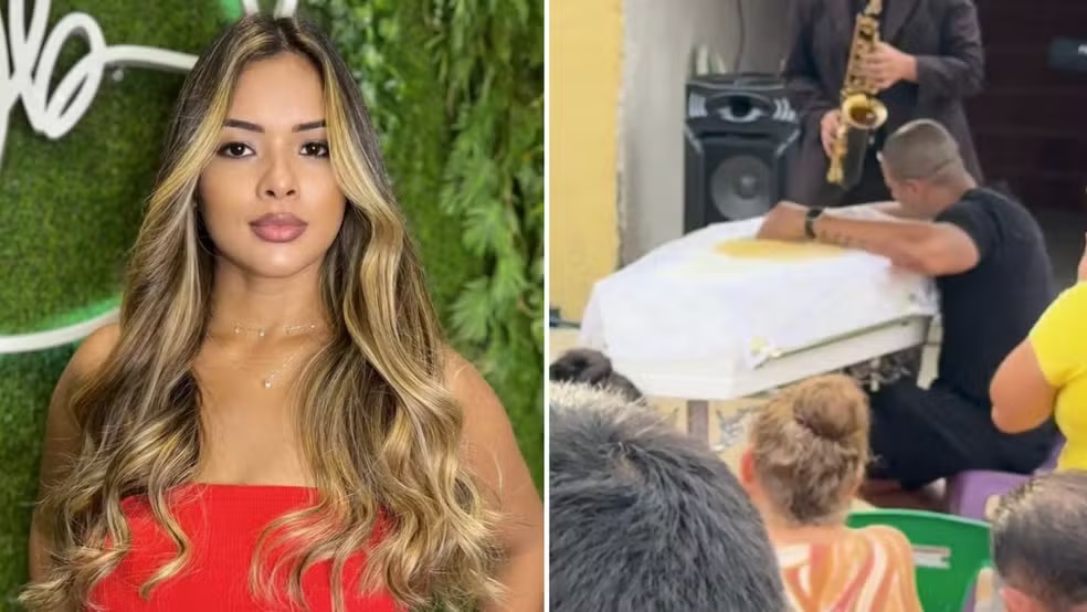 Montagem de fotos de Maria Katiane Gomes da Silva e Alex Leandro Bispo dos Santos ajoelhado ao lado do caixão