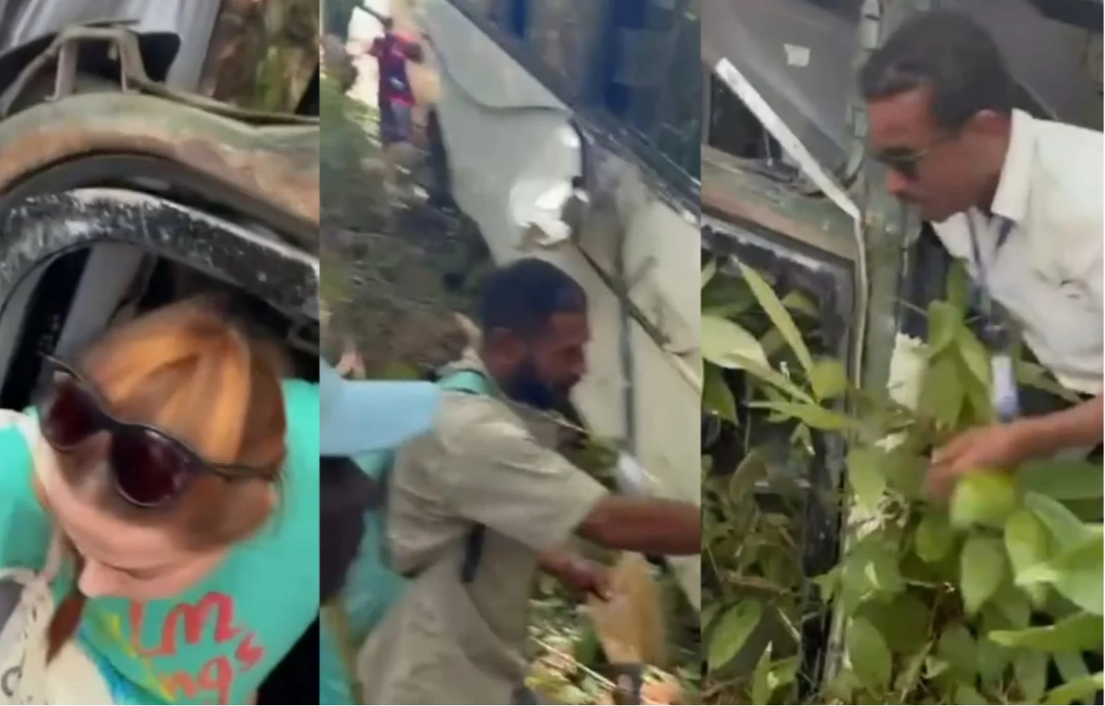 Montagem de três fotos de acidente com ônibus em Trancoso