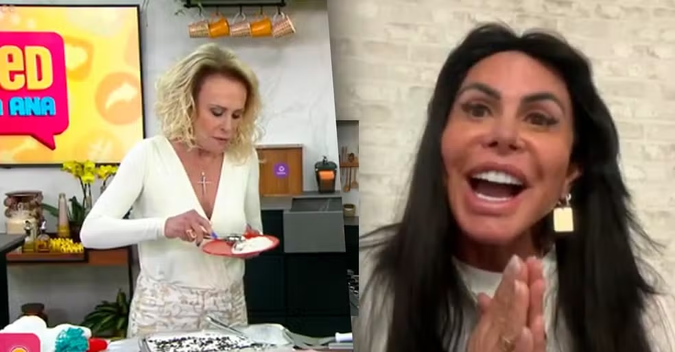 Montagem de fotos de Ana Maria Braga cozinhando e Gretchen sorrindo