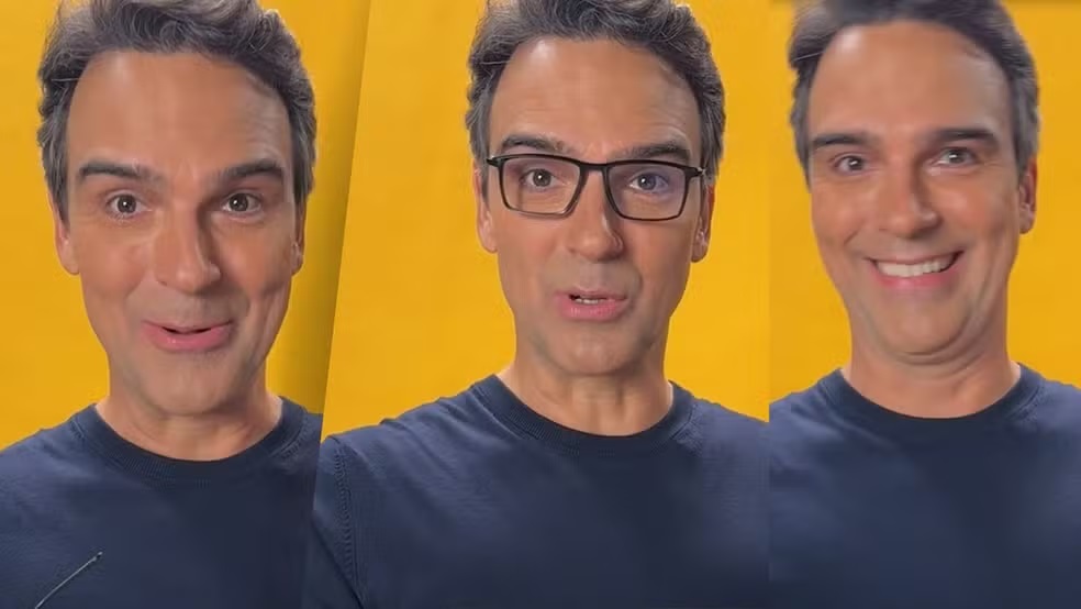 Montagem de três fotos de Tadeu Schmidt falando para a câmera